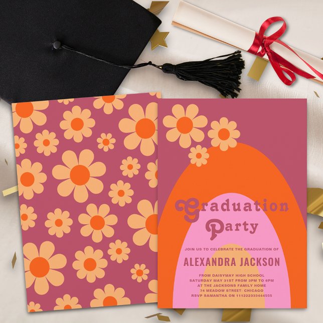 Retro Vintage Pink Orange Graduate Party Invitation (Retro groovy daisy orange & pink graduation party invitation)