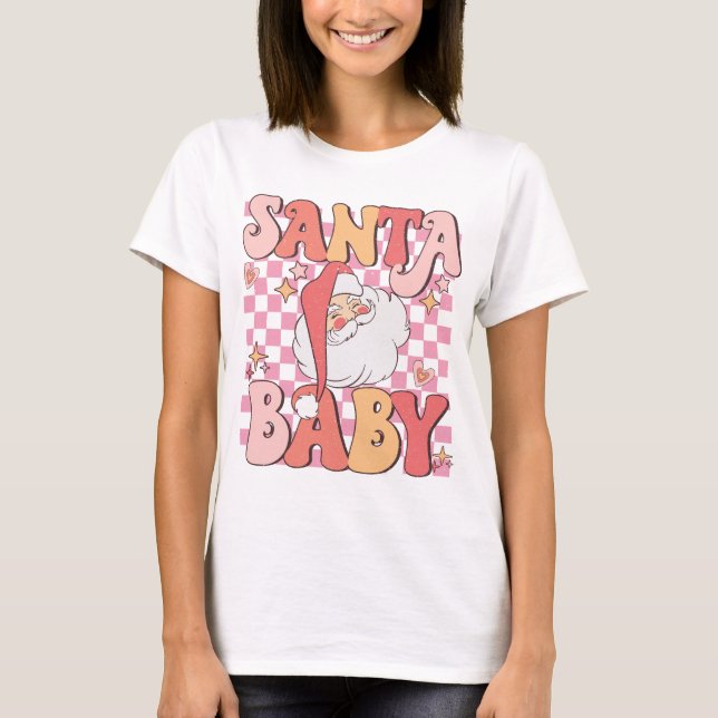 Retro Vintage Pink Santa Baby Christmas T-Shirt (Front)