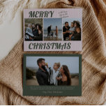 Retro Vintage Pink Stripes Photo Christmas Holiday Card<br><div class="desc">This retro and vintage Christmas double sided flat card features pink stripes,  green typography and family photos. Insert your favorite photos and customize it to your liking. Photos by prostooleh / Freepik.</div>