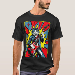 Retro Vintage Pop Art Cat Plays Electric Guitar 80 T-Shirt