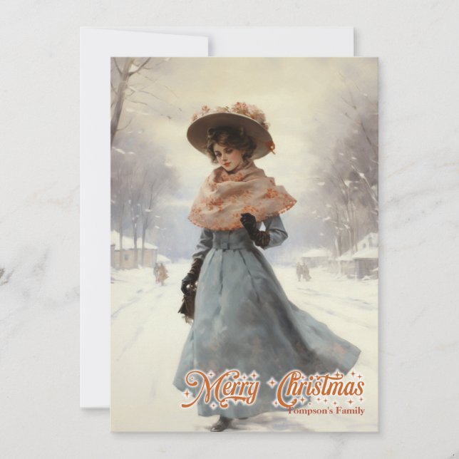 Retro vintage pretty woman in snow Christmas city Holiday Card (Front)