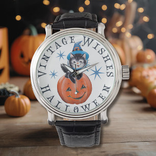 Retro Vintage Pumpkin Cat Halloween Wishes Watch