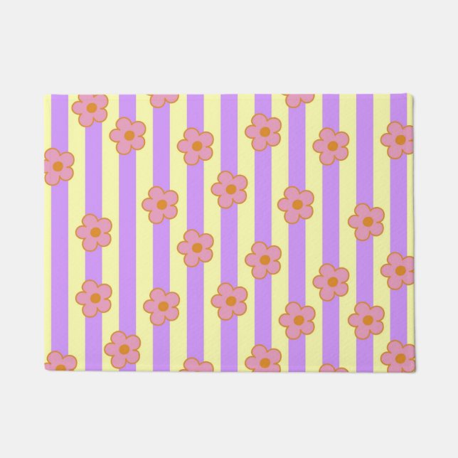 Retro Vintage Purple Stripe Flower Pattern Doormat (Front)