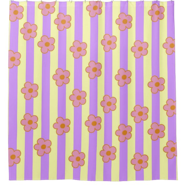 Retro Vintage Purple Stripe Flower Pattern Shower Curtain (Front)