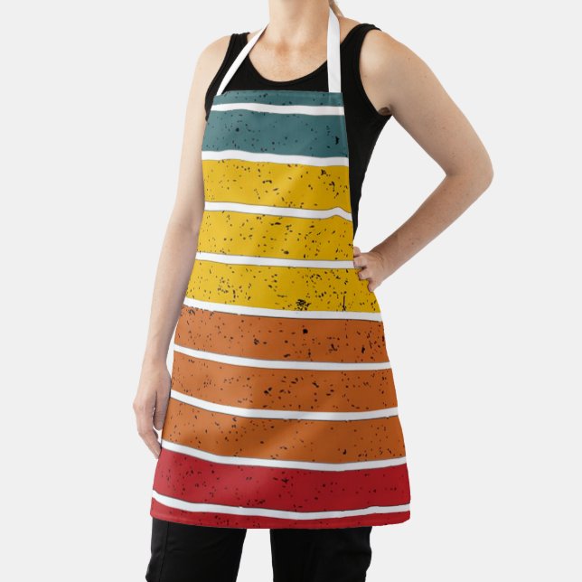 Retro vintage rainbow sunset stripes apron (Insitu)
