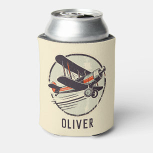 Retro Vintage Red and Green Biplane Can Cooler