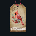 Retro Vintage Red Cardinal Bird Merry Christmas Gift Tags<br><div class="desc">Beautiful retro vintage illustration of a red cardinal bird perched on a red berry holy tree on a retro grunge background and frame for an aged or vintage look. Design features a vintage scroll ribbon for your personalisation both in the front or the back sides of this elegant, and timeless...</div>