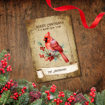 Retro Vintage Red Cardinal Bird Merry Christmas Holiday Card<br><div class="desc">Beautiful retro vintage illustration of a red cardinal bird perched on a red berry holy tree on a retro grunge background and frame for an aged or vintage look. Design features a vintage scroll ribbon for your personalisation. Back of holiday card features the same retro vintage aged background and grunge...</div>