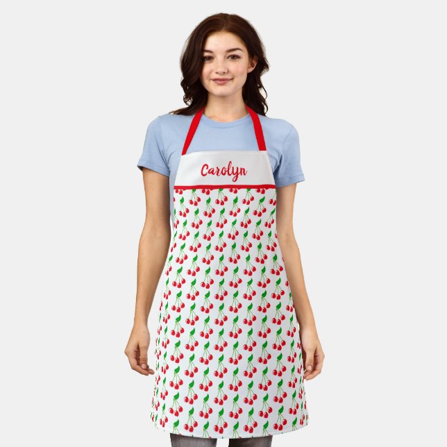 Retro vintage, red cherries pattern, your name apron (Worn)