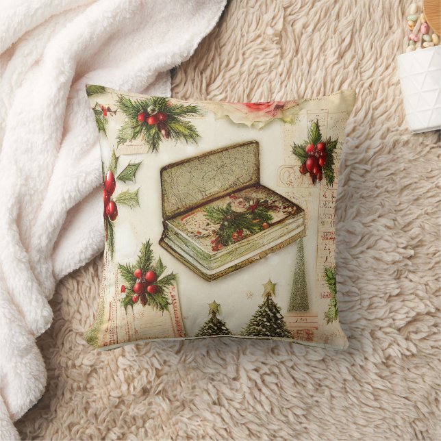 Retro Vintage Red Green Holly Christmas Holiday  Cushion (Blanket)