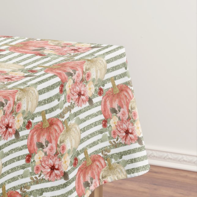 Retro Vintage Red Pumpkin Green Glitter Stripe Tablecloth (In Situ)