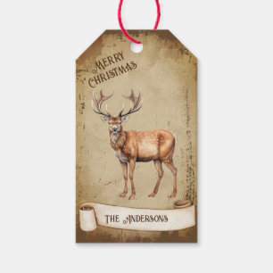 Retro Vintage Reindeer Buck Merry Christmas Gift Tags