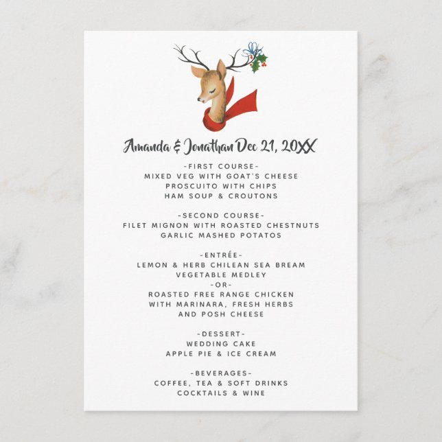 Retro Vintage Reindeer Christmas Wedding Menu (Front)