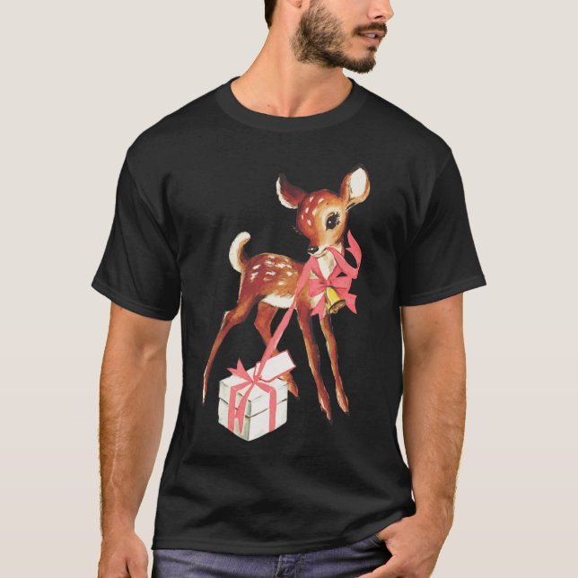 Retro vintage reindeer pink christmas ba T-Shirt (Front)
