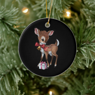 Retro Vintage Reindeer Pink Christmas Baby Deer Ceramic Tree Decoration