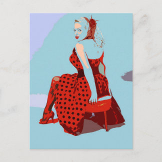 Retro Vintage Rocker Lady in Polka Dot Dress Postcard