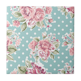 retro vintage rose pattern rose pink, blue w/white tile