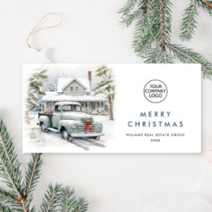 Retro Vintage Sage Farm Truck Christmas Corporate Holiday Card