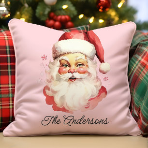 Retro Vintage Santa Claus Pink Christmas Cushion
