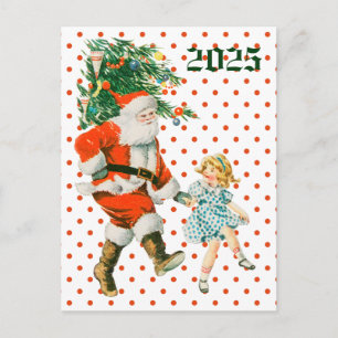 Retro Vintage Santa & Girl Christmas  Holiday Postcard