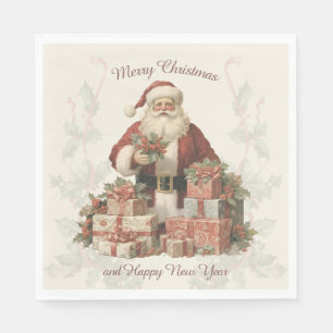 Retro Vintage Santa Holly Merry Christmas  Napkin
