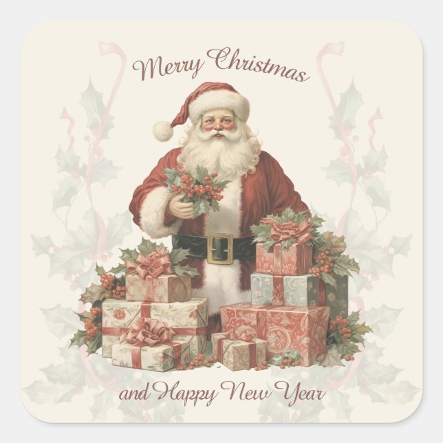 Retro Vintage Santa Holly Merry Christmas  Square Sticker (Front)