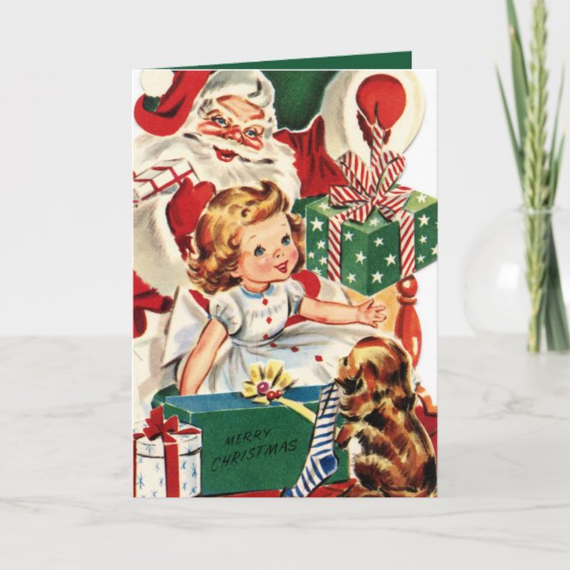 retro vintage Santa kids add sentiment  Holiday Card (Front)