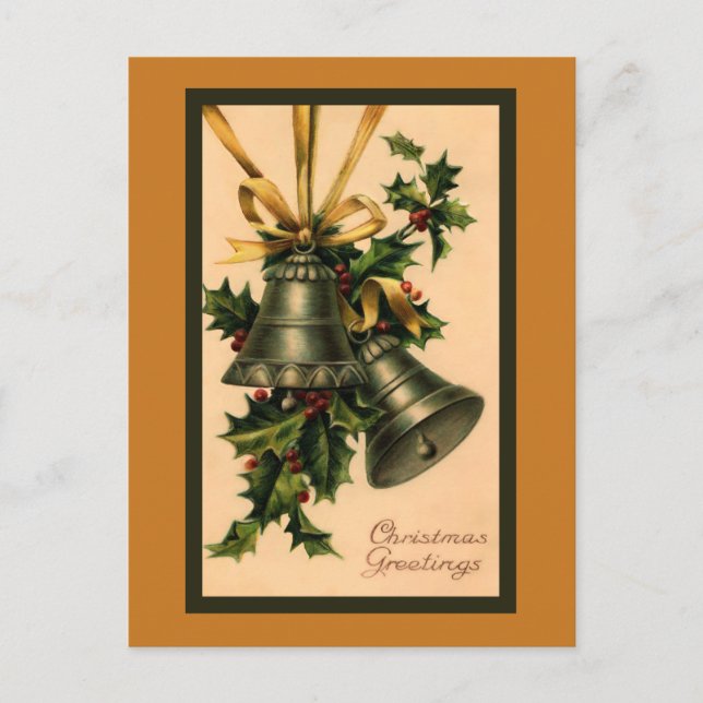 Retro Vintage Silver Christmas Bells, Gold Ribbon Postcard (Front)