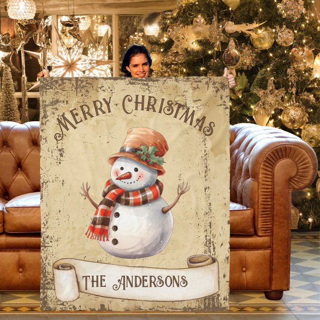 Retro Vintage Snowman Custom Merry Christmas Fleece Blanket (Creator Uploaded)