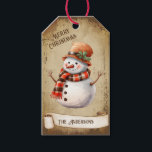 Retro Vintage Snowman Custom Merry Christmas Gift Tags<br><div class="desc">Beautiful retro vintage illustration of a snowman wearing a hat and paid scarf on a retro grunge background and frame for an aged or vintage look. Design features a vintage scroll ribbon for your personalisation both in the front or the back sides of this elegant, and timeless Holiday Gift Tag....</div>