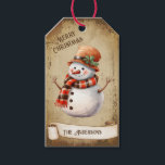 Retro Vintage Snowman Custom Merry Christmas Gift Tags<br><div class="desc">Beautiful retro vintage illustration of a snowman wearing a hat and paid scarf on a retro grunge background and frame for an aged or vintage look. Design features a vintage scroll ribbon for your personalisation both in the front or the back sides of this elegant, and timeless Holiday Gift Tag....</div>
