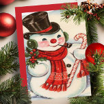 Retro Vintage Snowman in Top Hat Custom Christmas Holiday Card<br><div class="desc">This adorable mid-century vintage Christmas card features a snowman wearing a red scarf and black top hat while holding a sprig of mistletoe in one hand a candy cane in the other.  Personalise by customising the message on the back and/or adding your name(s).</div>