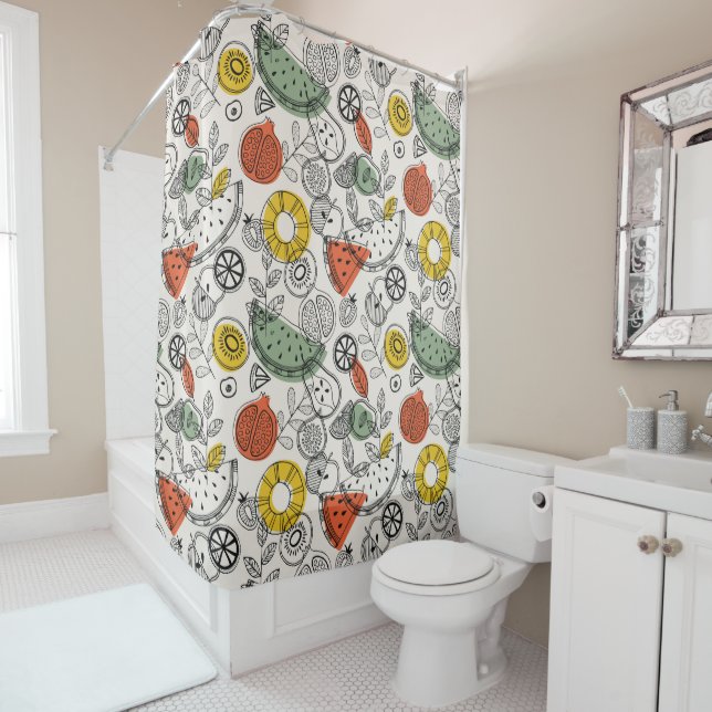 Retro Vintage Style Fruit Pattern Shower Curtain (In Situ)