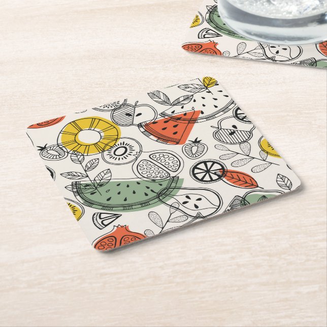 Retro Vintage Style Fruit Pattern Square Paper Coaster (Angled)