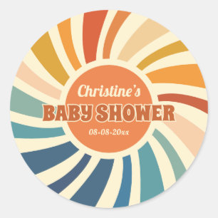 Retro Vintage Sun Rainbow Baby Shower Classic Round Sticker