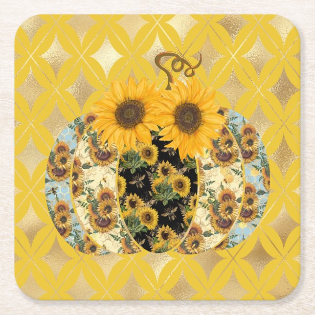 Retro Vintage Sunflower Pumpkin Paper Coasters (Front)