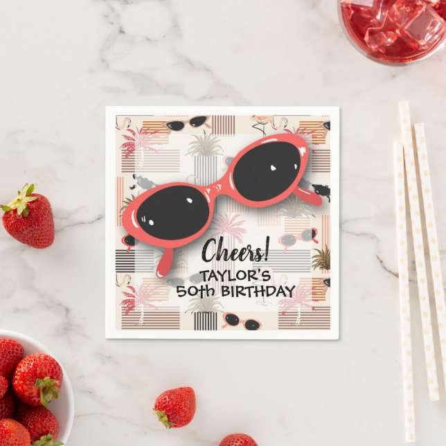 Retro Vintage Sunglasses Flamingos Palms Napkin (Insitu)