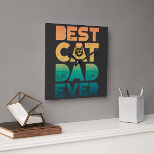 Retro Vintage Sunset Fathers Day Best Cat Dad Ever Square Wall Clock