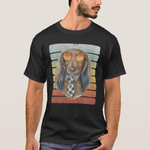 Retro Vintage Sunset Long Haired Dachshund Mum Dad T-Shirt