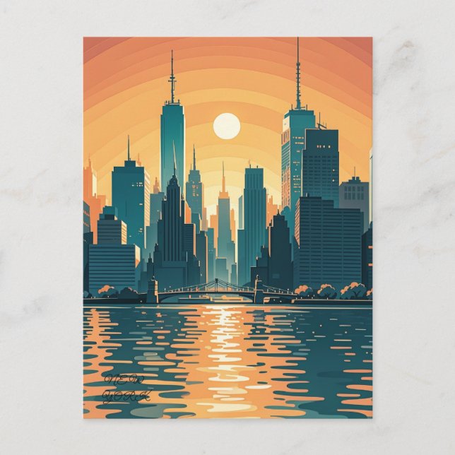 Retro Vintage Sunset over Manhattan Postcard (Front)