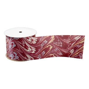 Retro Vintage Swirls Maroon Red Creme Silver Waves Satin Ribbon