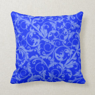 Retro Vintage Swirls Sapphire Blue Throw Pillow