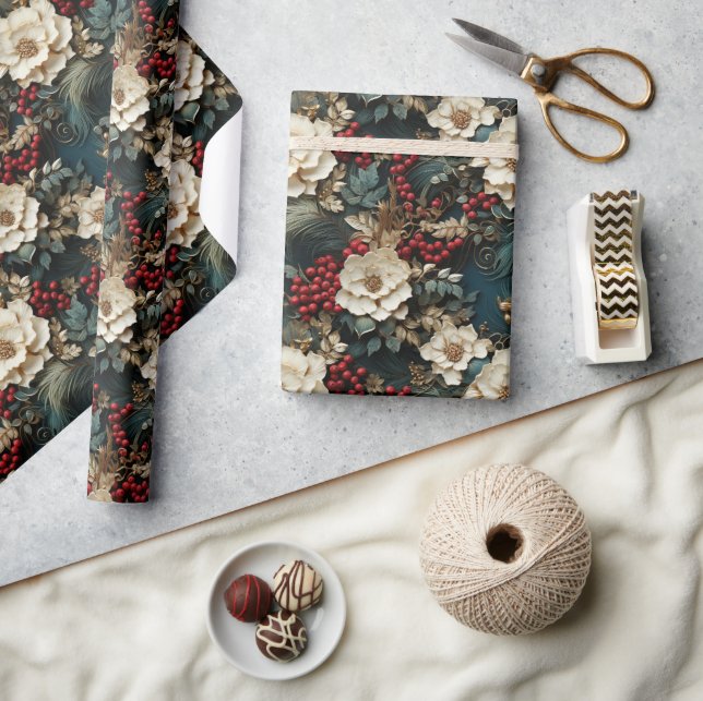 Retro vintage traditional 3D Christmas flowers Wrapping Paper (Crafts)