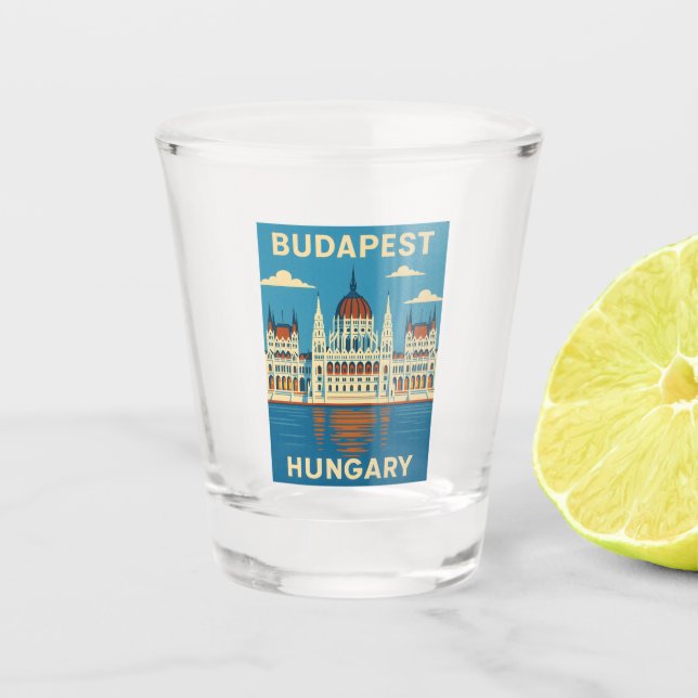 Retro Vintage Travel Budapest Hungary Scenic Shot Glass (Front)