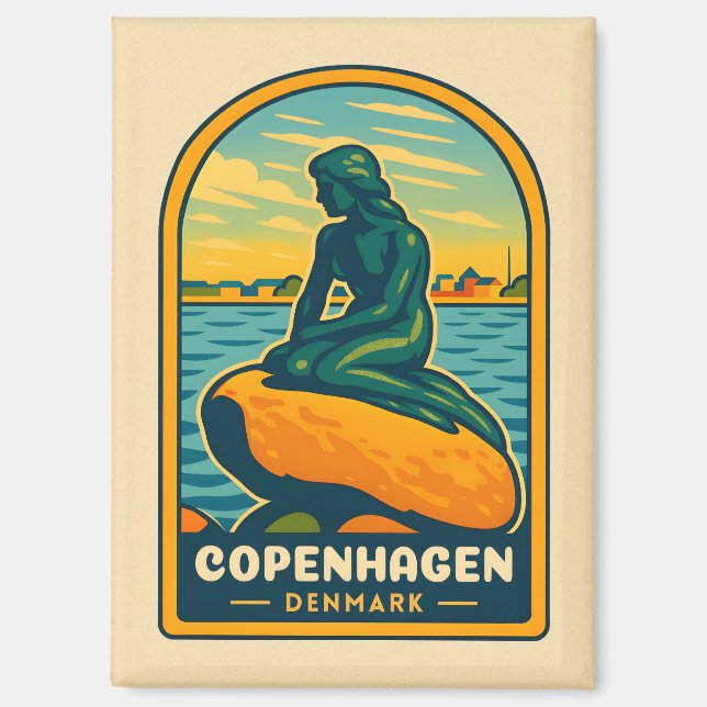 Retro Vintage Travel Copenhagen Denmark Mermaid Magnet (Front)