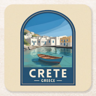 Retro Vintage Travel Crete Greece Seaside Square Paper Coaster