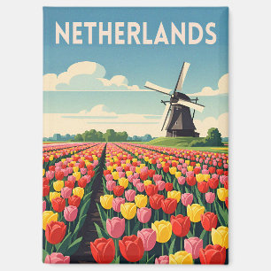Retro Vintage Travel Netherlands Tulips Landscape Magnet