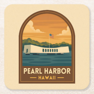 Retro Vintage Travel Pearl Harbour Memorial Hawaii Square Paper Coaster