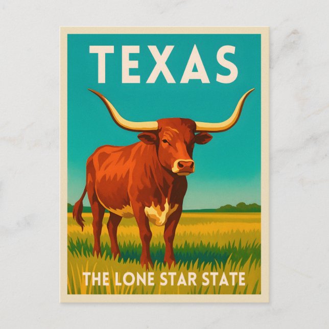 Retro Vintage Travel Texas Longhorn Cattle Postcard (Front)
