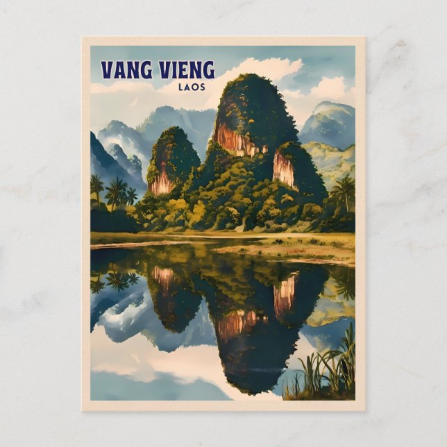 Retro Vintage Travel Vang Vieng Laos Landscape Postcard (Front)